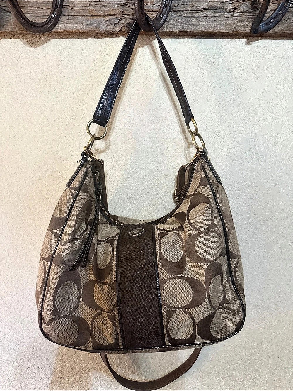COACH Signature Glam Hobo Tote Brown & Beige